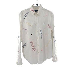 Ralph Lauren Polo‎ Embroidered Shirt Mens XL White Graffiti Collared Cotton
